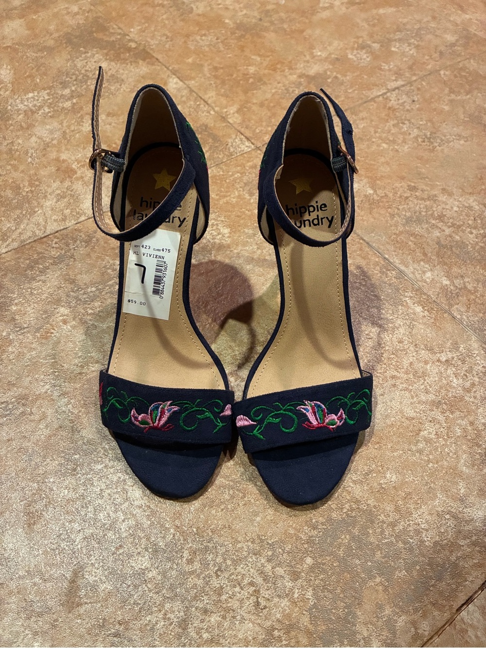 hippie laundry Navy Embroidered Ankle-Strap Heels